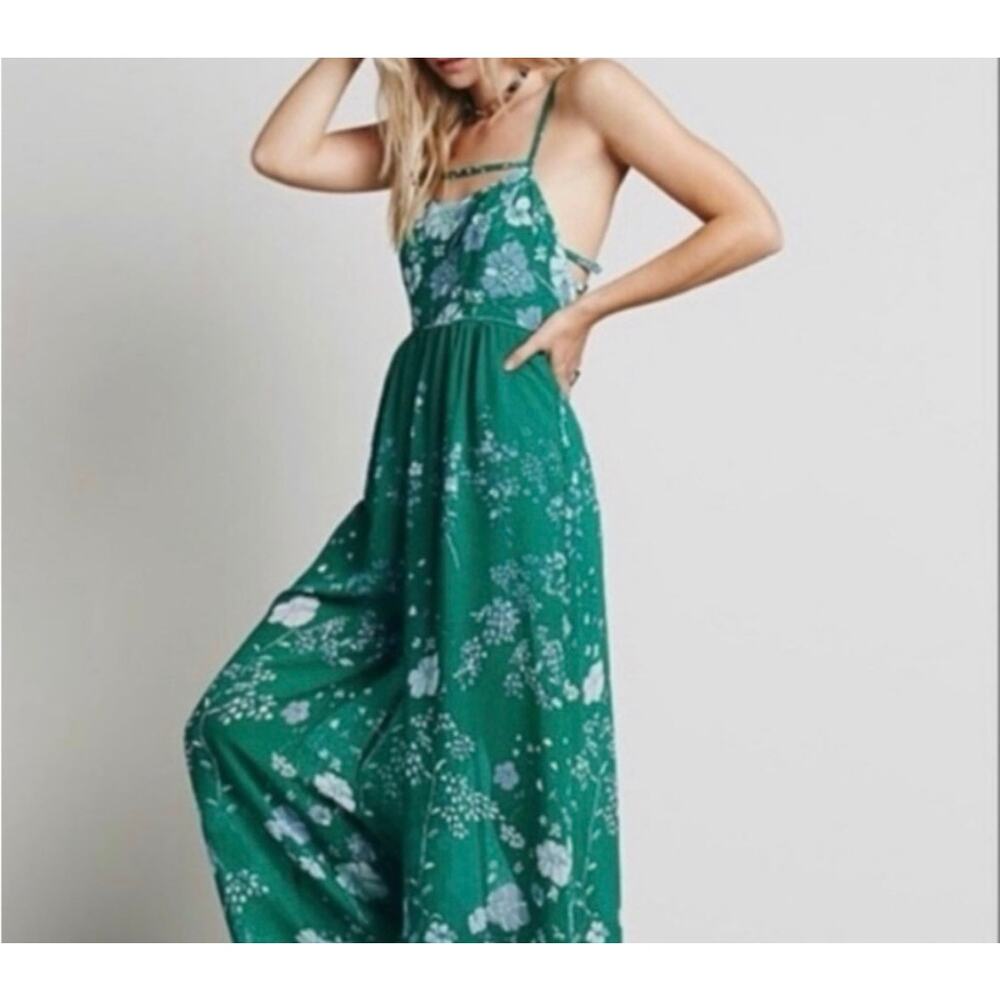 Free People Meadow Rue Green Floral Wide Leg Jumpsuit Size 6